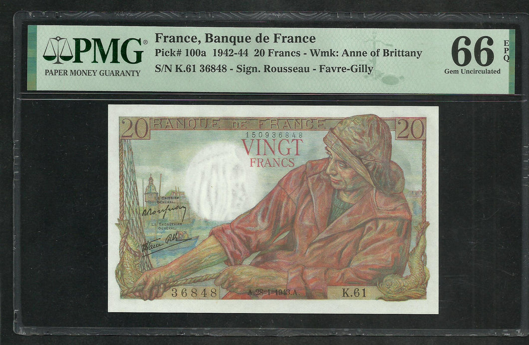 France : 20 Francs Pêcheur 28-1-1943 ; PMG : Gem UNC 66 ; EPQ (Ref 1970)