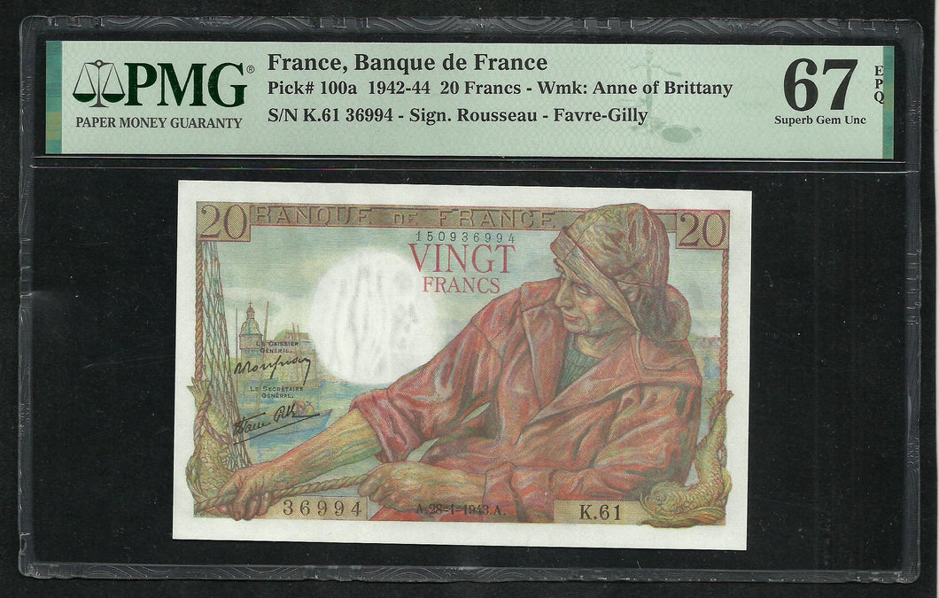 France : 20 Francs Pêcheur (28-1-1943) ; PMG : Superb Gem UNC 67 ; EPQ