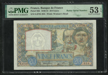 Charger l&#39;image dans la galerie, France : 20 Francs Science &amp; Travail 1941 ; PMG : About UNC 53 ; EPQ (Ref 1965)
