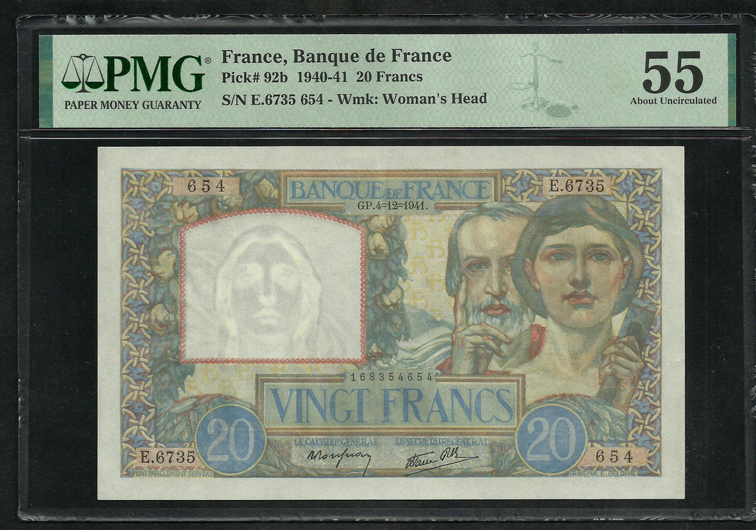 France : 20 Francs Science & Travail 1941 ; PMG : About UNC 55 ; EPQ (Ref 1966)