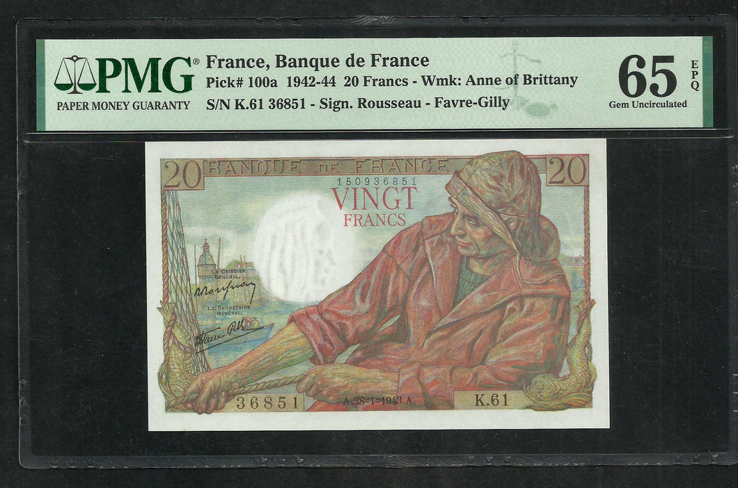 France : 20 Francs Pêcheur 28-1-1943 ; PMG : Gem UNC 65 ; EPQ (Ref 1968)