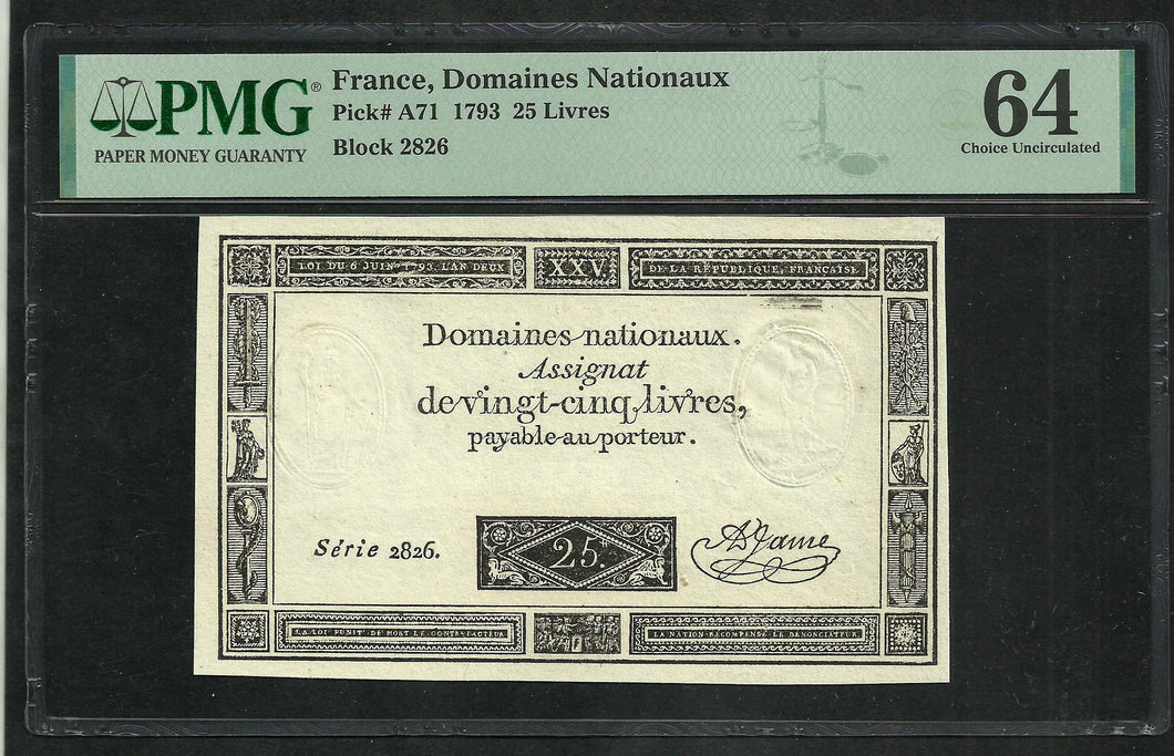 France : Assignat 25 Livres 1793 ; PMG : Choice UNC 64 (Ref 1986)