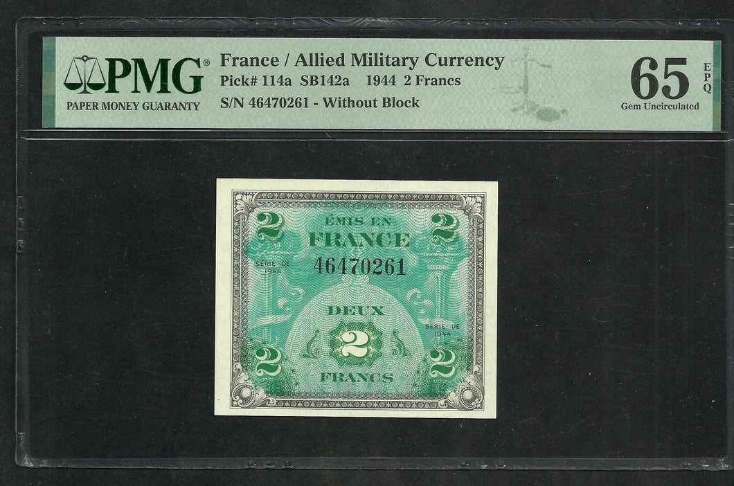 France : 2 Francs 1944 Allied Military ; PMG : Gem UNC 65 ; EPQ (Ref 1983)