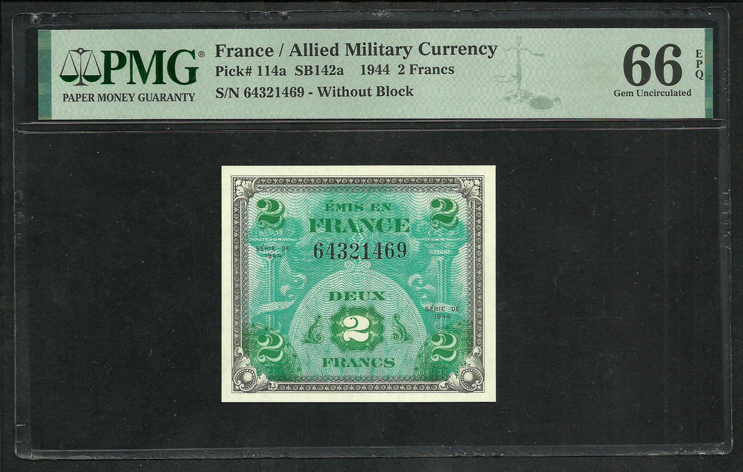 France : 2 Francs 1944 Allied Military ; PMG : Gem UNC 66 ; EPQ (Ref 1984)