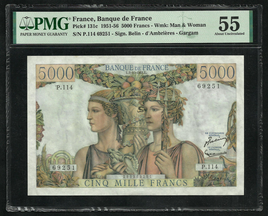 France : 5000 Francs Terre & Mer (2-10-1952) ; PMG : About UNC 55