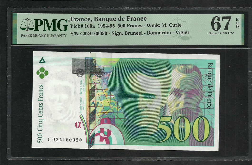 France : 500 Francs Curie 1994 ; PMG : Superb Gem UNC 67 (Ref 1988)