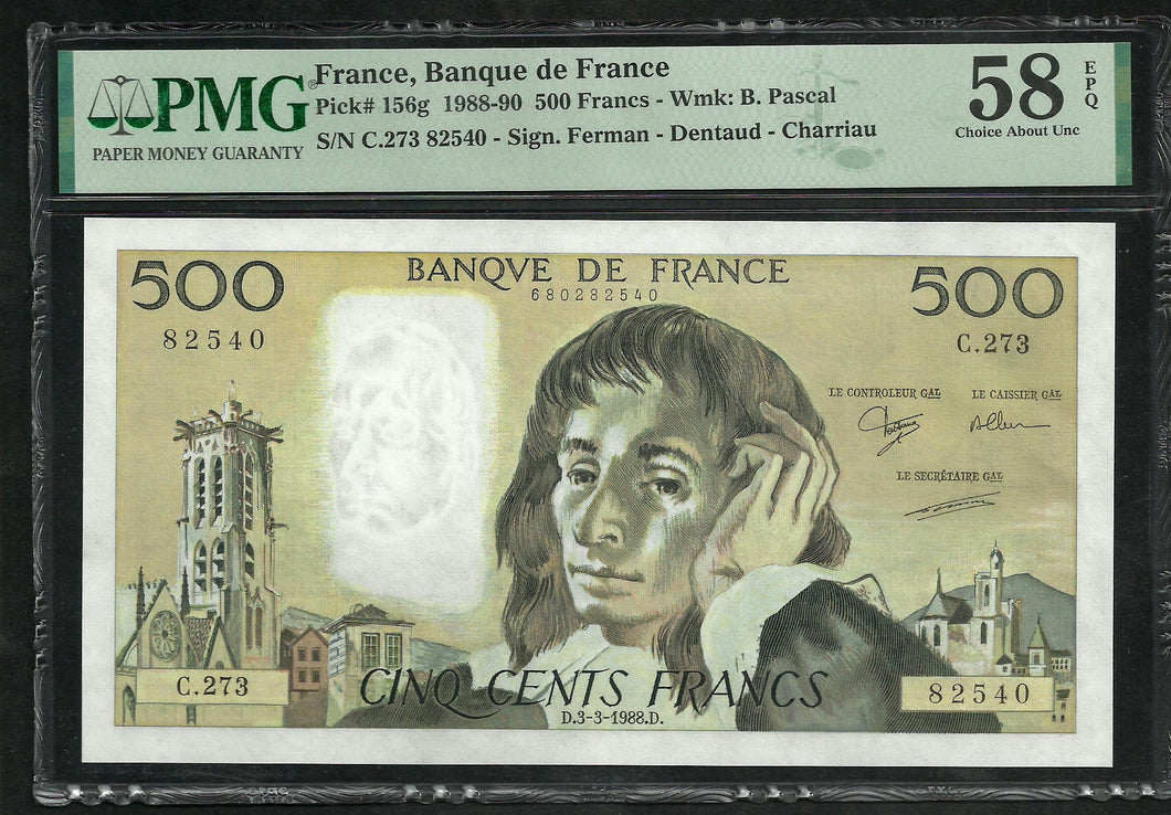 France : 500 Francs Pascal 1988 ; PMG : Choice About UNC 58 (Ref 1989)