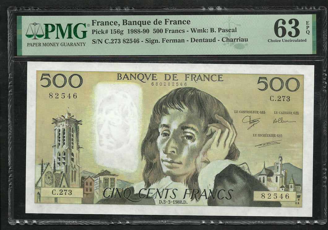 France : 500 Francs Pascal 1988 ; PMG : Choice UNC 63 (Ref 1990)