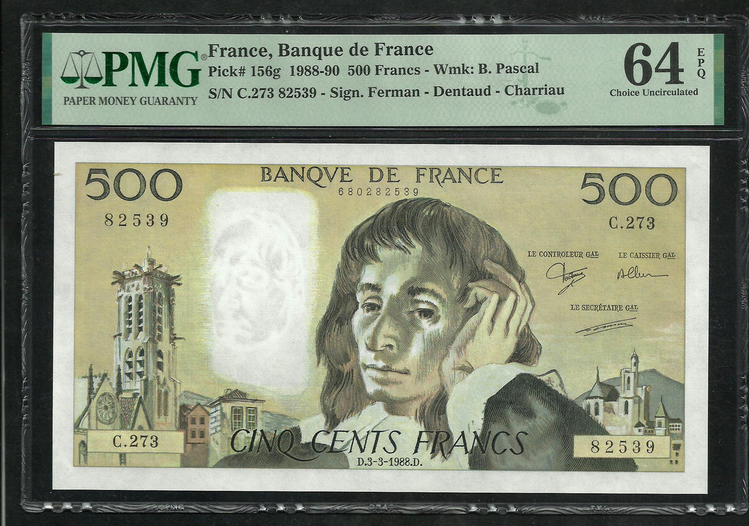 France : 500 Francs Pascal 1988 ; PMG : Choice UNC 64 (Ref 1991)