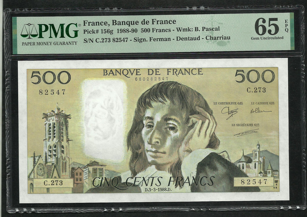 France : 500 Francs Pascal 1988 ; PMG : Gem UNC 65 (Ref 1992)