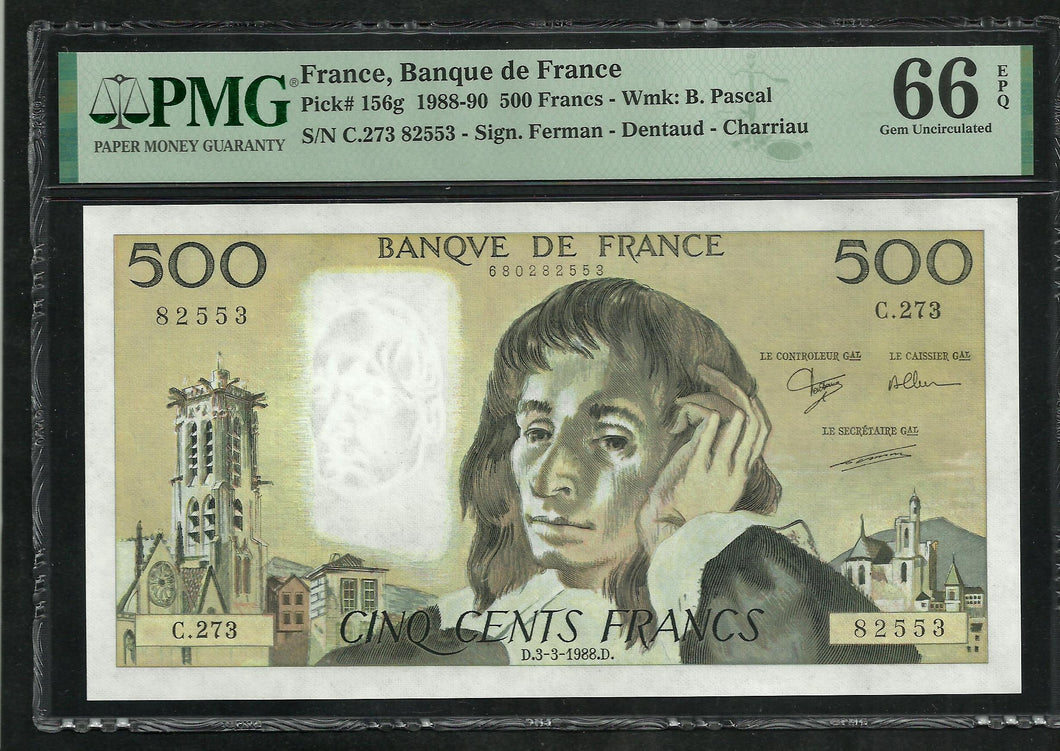 France : 500 Francs Pascal 1988 ; PMG : Gem UNC 66 (Ref 1993)