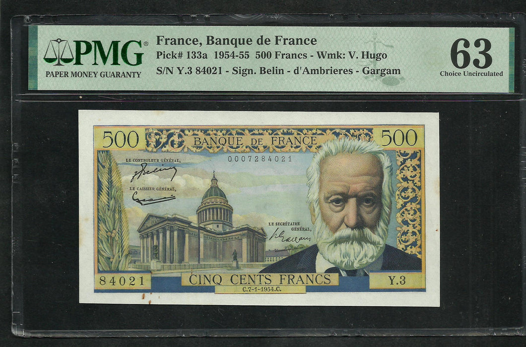 France : 500 Francs Victor Hugo 7-1-1954 ; PMG : Choice UNC 63 (Ref 1951)