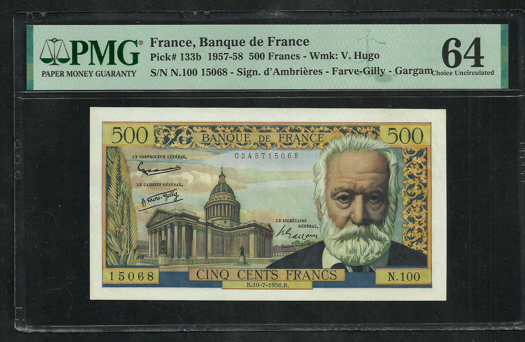 France : 500 Francs Victor Hugo 10-7-1958 ; PMG : Choice UNC 64 (Ref 1950)