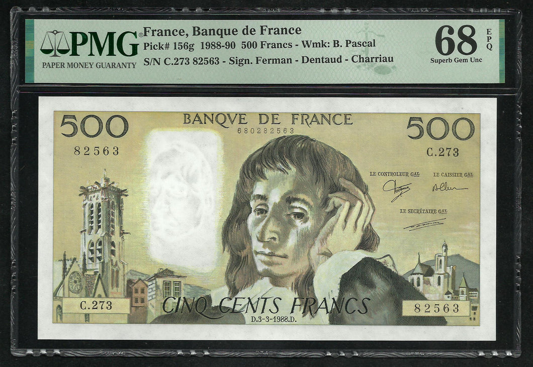 France : 500 Francs Pascal (3-3-1988) ; PMG : Superb Gem UNC 68 ; EPQ