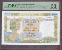 Charger l'image dans la galerie, France : 500 Francs Paix 1941 ; Pick 95b ; PMG : About UNC 53 (Ref 4141)
