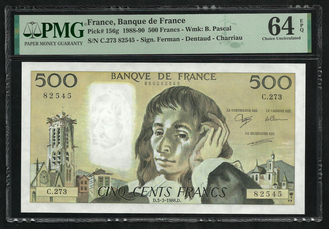 France : 500 Francs Pascal (3-3-1988) ; PMG : Choice UNC 64 ; EPQ