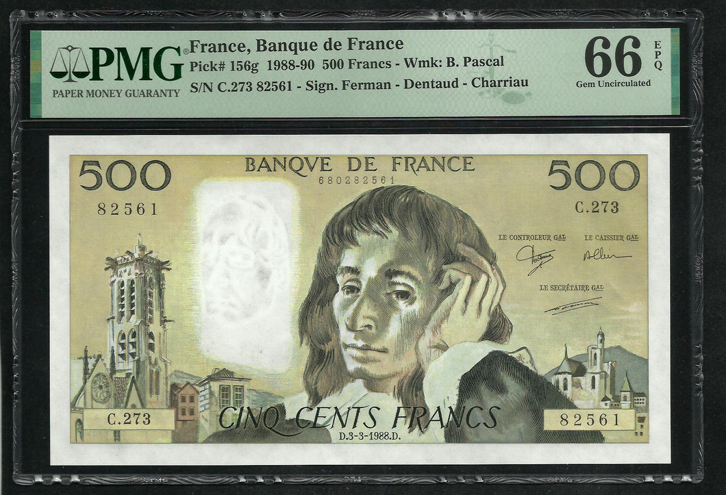 France : 500 Francs Pascal (3-3-1988) ; PMG : Gem UNC 66 ; EPQ