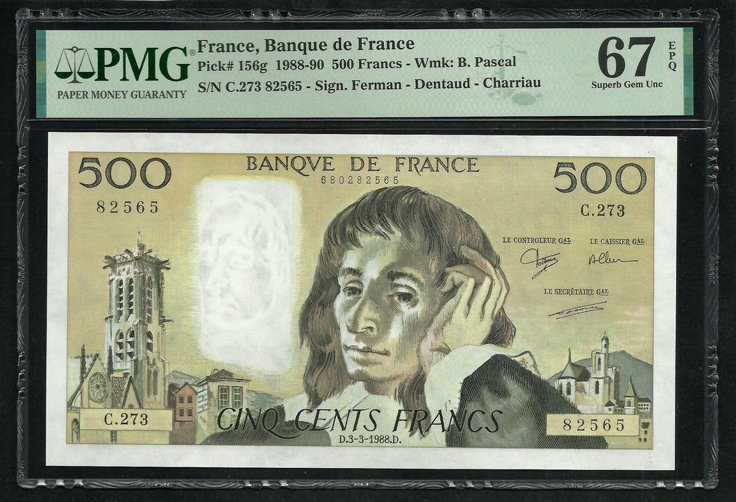 France : 500 Francs Pascal (3-3-1988) ; PMG : Superb Gem UNC 67 ; EPQ