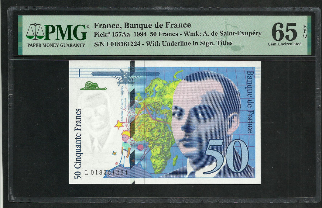 France : 50 Francs Exupéry 1994 ; PMG : Gem UNC 65 ; EPQ (Ref 1960)