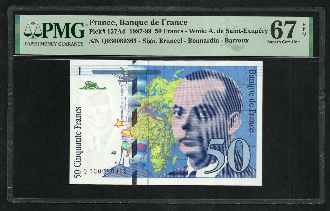 France : 50 Francs Saint Exupéry 1997 ; PMG : Superb Gem UNC 67 ; EPQ