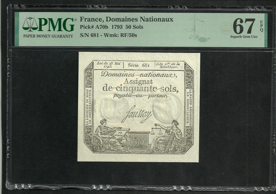 France : Assignat 50 Sols 1793 ; PMG : Superb Gem 67 UNC ; EPQ (Ref 1978)