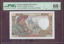 Charger l'image dans la galerie, France : 50 Francs Jacques Coeur 1942 ; Pick 93 PMG : Gem UNC 66 (Ref 4152)
