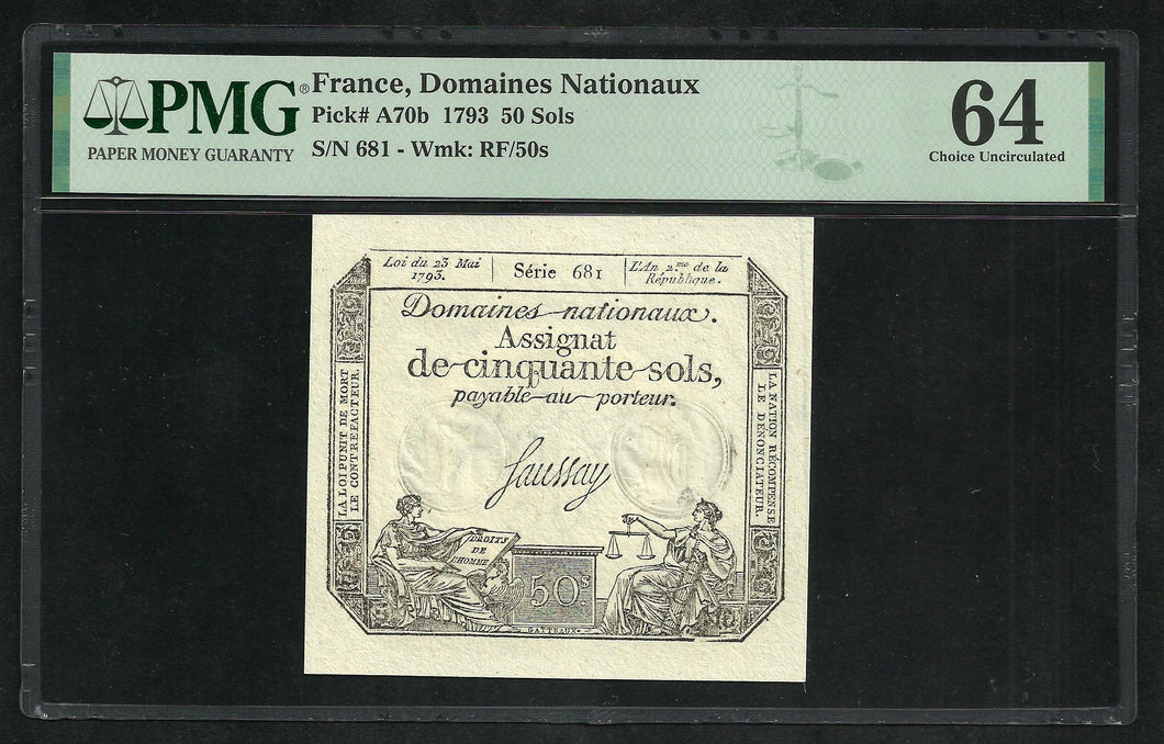 France : Assignat : 50 Sols 23 Mai 1793 ; PMG : Choice Unc 64 ; EPQ