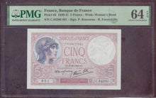 Charger l'image dans la galerie, France : 5 Francs Violet 1939 ; Pick 83 PMG : Choice UNC 64 (Ref 4148)
