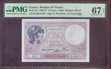 Charger l'image dans la galerie, France : 5 Francs Violet 1940 ; Pick 83 PMG : Superb Gem UNC 67 (Ref 4150)
