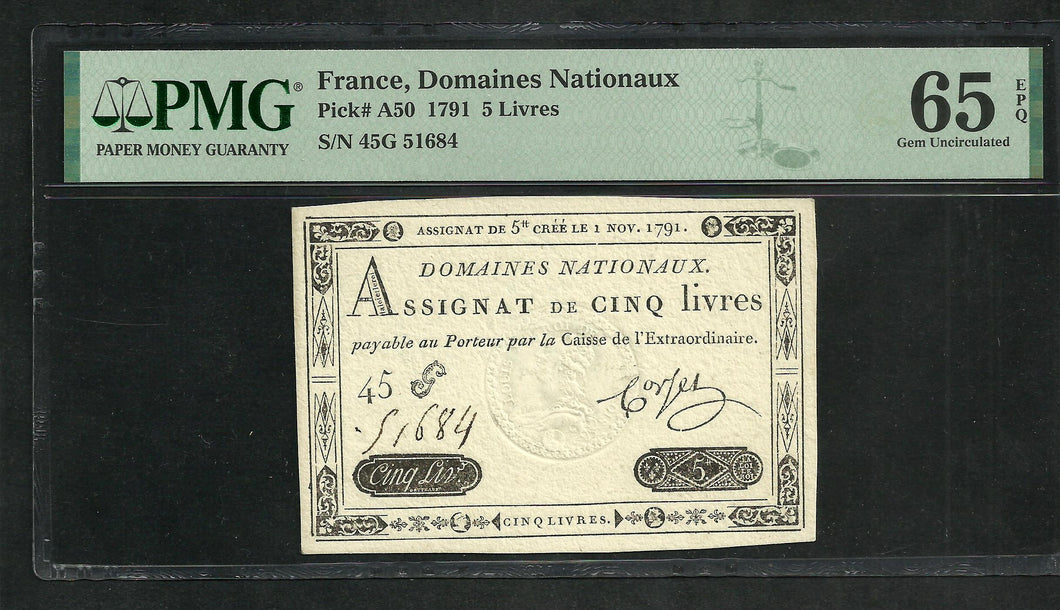 France : Assignat 5 Livres 1791 ; PMG : Gem UNC 65 ; EPQ (Ref 1981)