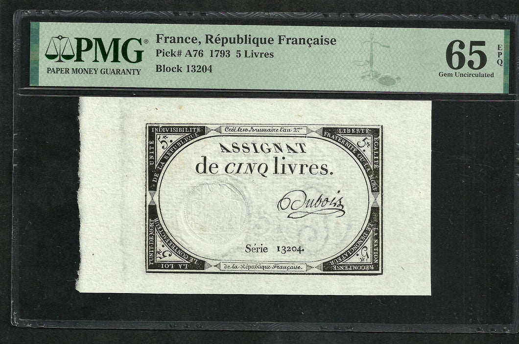 France : Assignat 5 Livres 1793 ; PMG : Gem UNC 65 ; EPQ (Ref 1982)