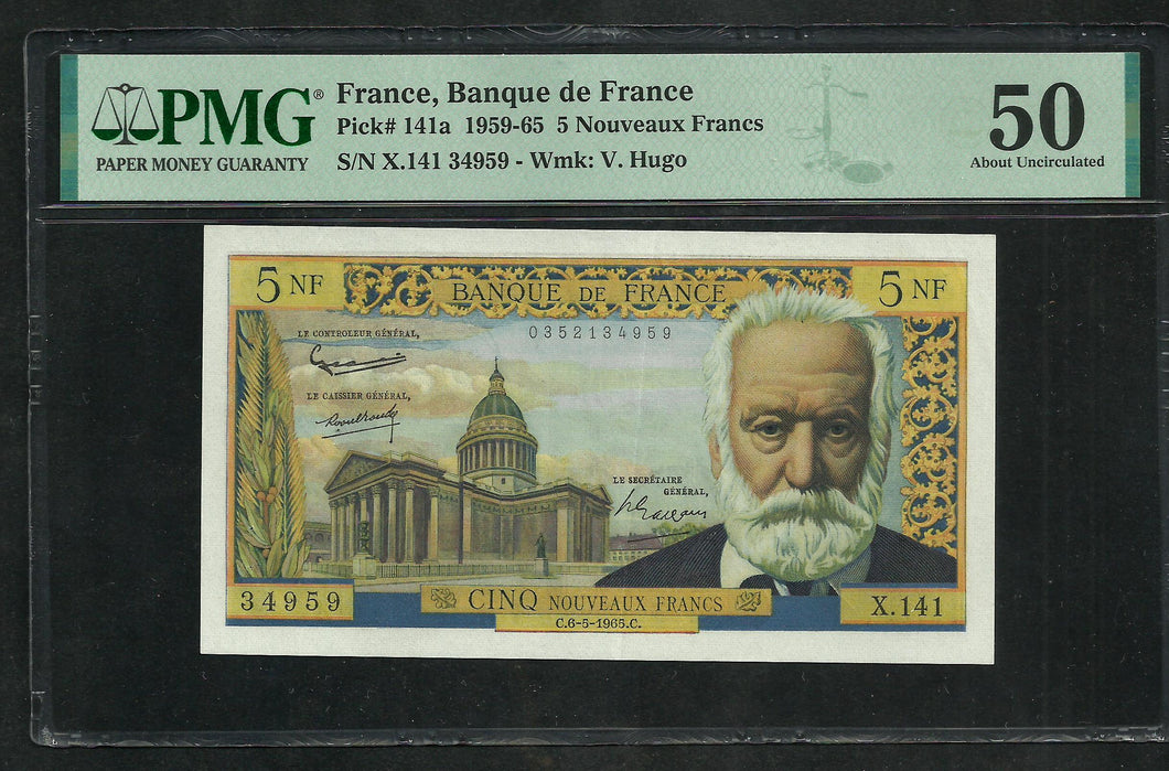 France : 5 NF Victor Hugo 6-5-1965 ; PMG : About UNC 50 (Ref 1952)