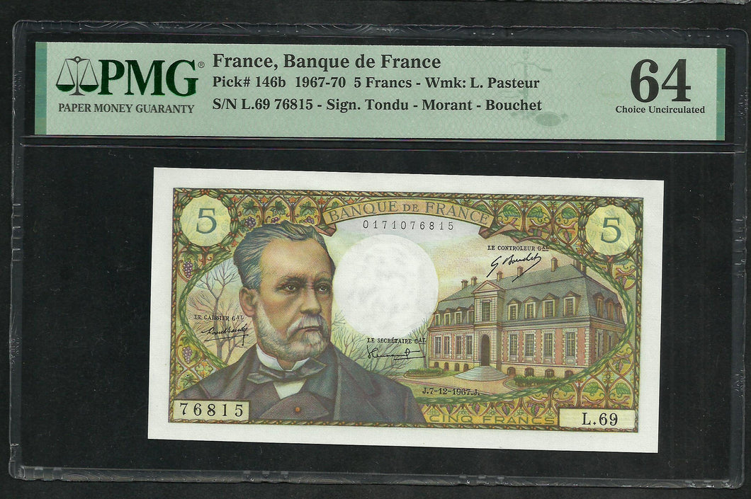 France : 5 Francs Pasteur 7-12-1967 ; PMG : Choice UNC 64 ; EPQ (Ref 1954)