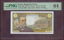 Charger l'image dans la galerie, France : 5 Francs Pasteur 1967 ; Pick 146b ; PMG : Choice UNC 64 (Ref 4125)
