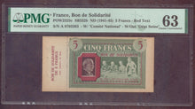 Charger l'image dans la galerie, France : 5 Francs Solidarité 1941-45; Pick SB332b PMG : Choice UNC 63 (Ref 4166)
