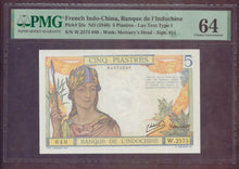 Charger l'image dans la galerie, French Indochina : 5 Piastres 1946 Pick 55c ; PMG : Choice UNC 64 (Ref 4104)
