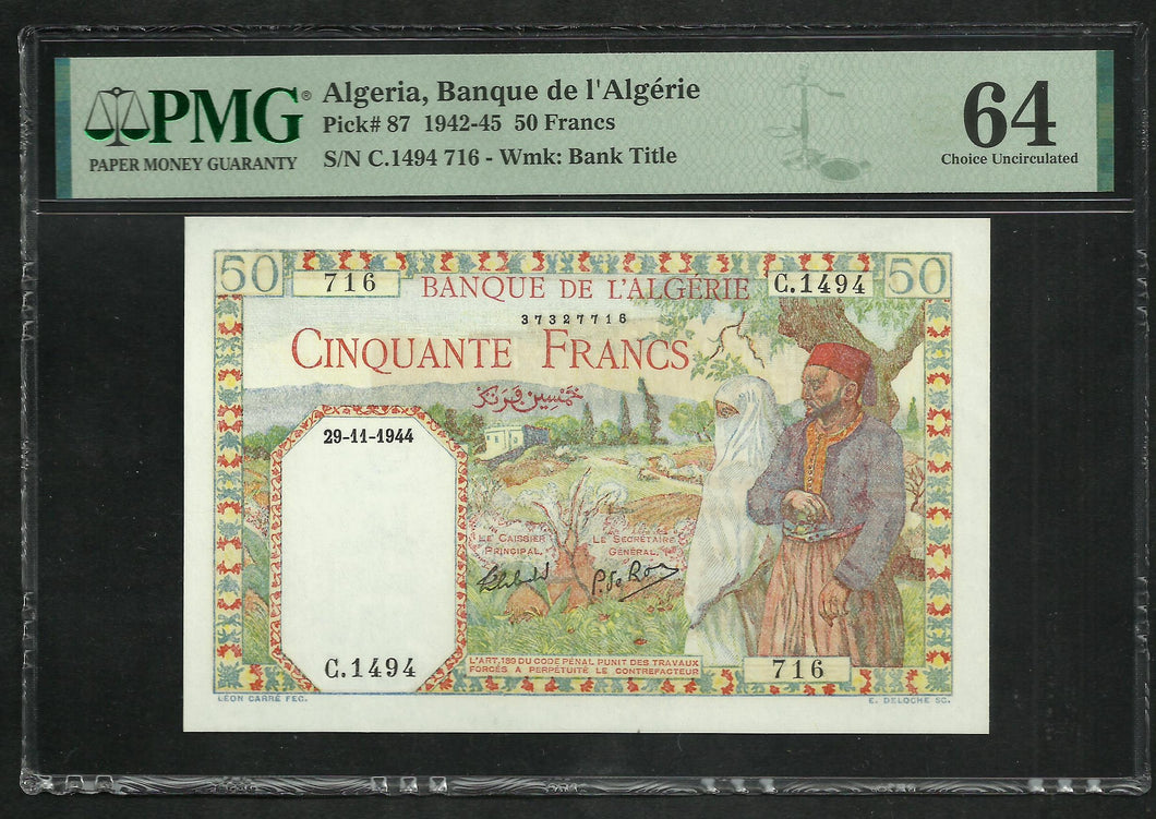 Algéria : 50 Francs 1944 ; PMG : Choice UNC 64 ; EPQ (Ref 1922)