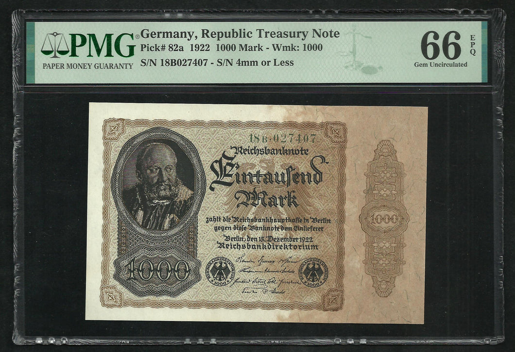 Germany : 1000 Mark 1922 ; PMG : Gem UNC 66 ; EPQ