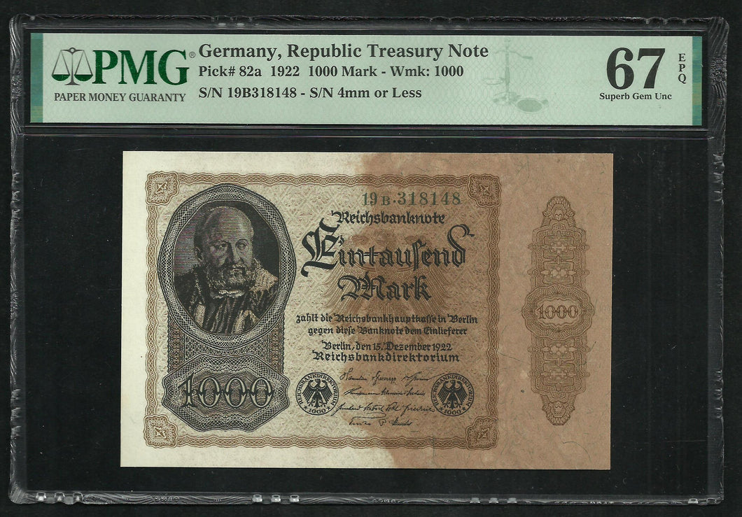 Germany : 1000 Mark 1922 ; PMG : Superb Gem UNC 67 ; EPQ
