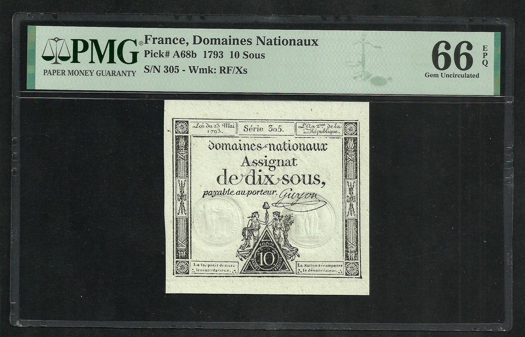 France : Assignat : 10 Sous 23 May 1793 ; PMG : Gem UNC 66 ; EPQ