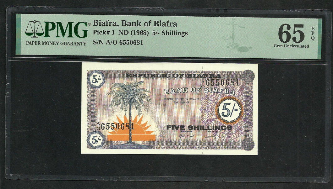 Biafra : 5 Shillings 1968 ; PMG : Gem UNC 65 (Ref 2334)