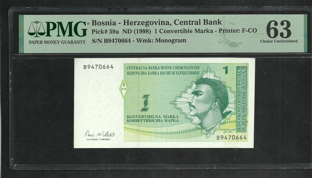 Bosnia : 1 Convertible Marka 1998 ; PMG : Choice UNC 63 (Ref 2335)