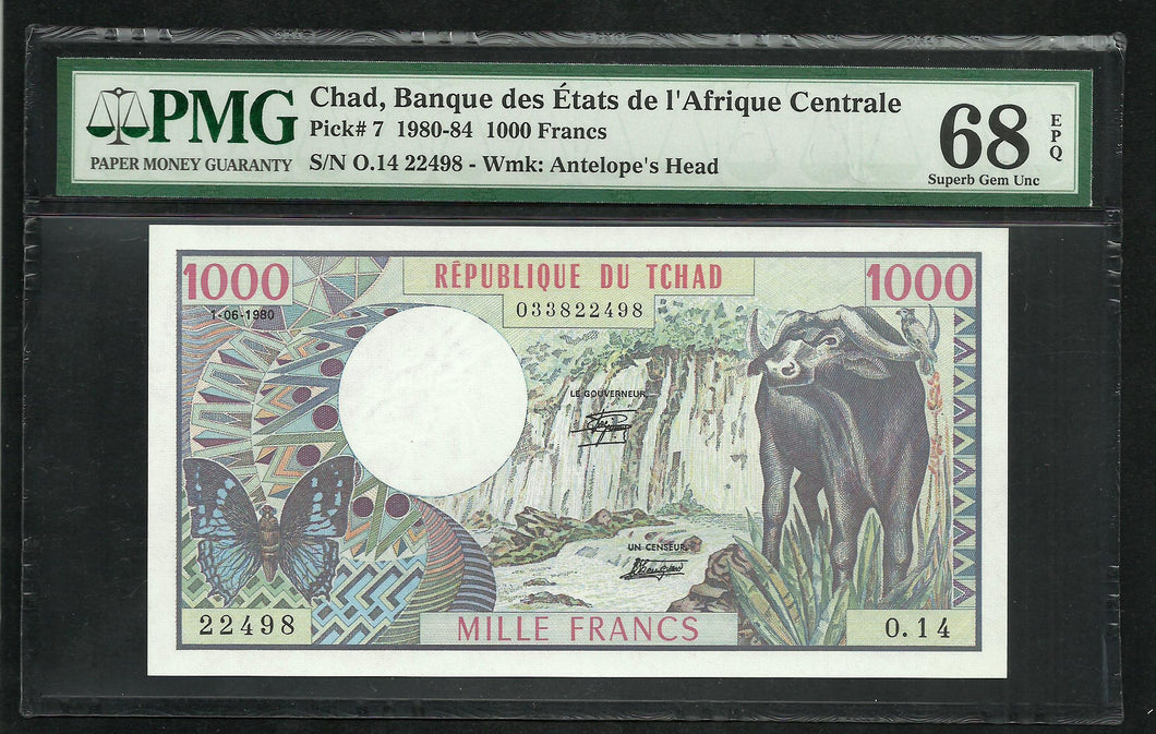 Chad : 1000 Francs 1980 ; PMG : Superb Gem UNC 68 ; EPQ