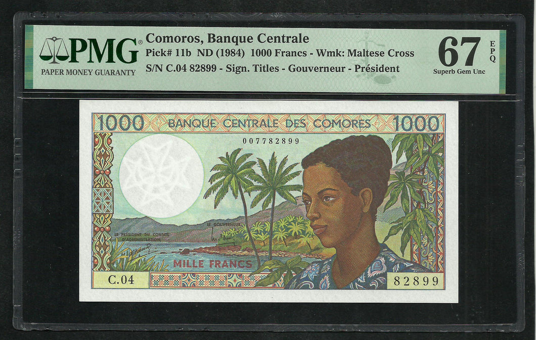 Comoros : 1000 Francs 1984 ; PMG : Superb Gem UNC 67 ; EPQ