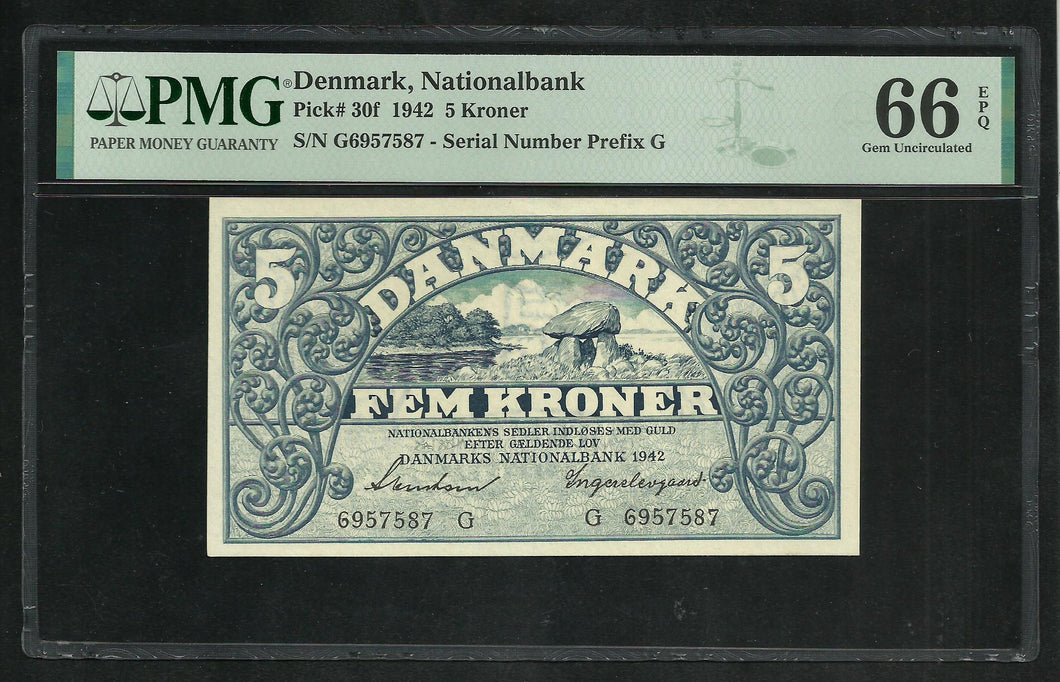 Denmark : 5 Kroner 1942 ; PMG : Gem Unc 66 ; EPQ