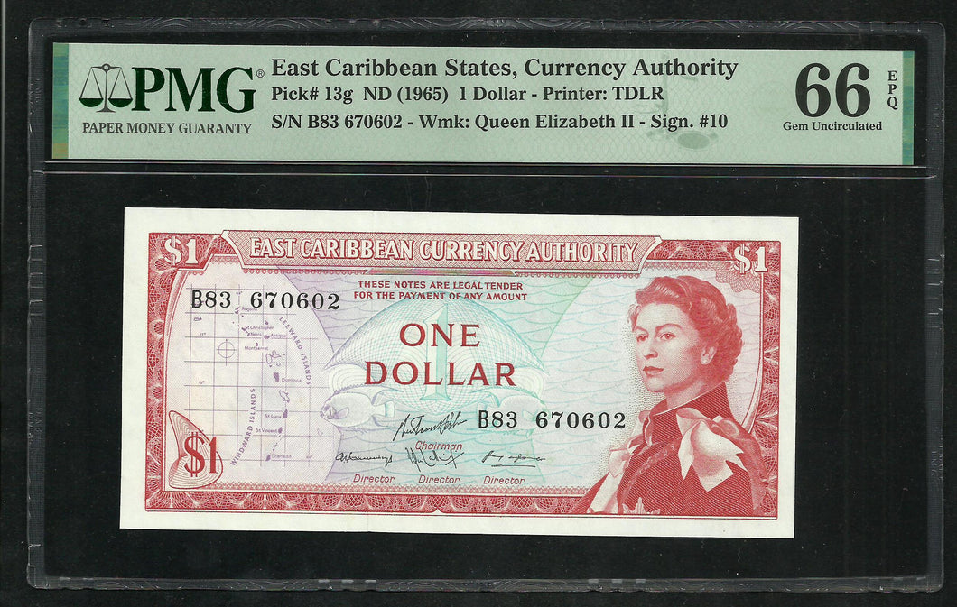 East Caribbean 1 Dollar 1965 P13g ; PMG : Gem UNC 66 ; EPQ