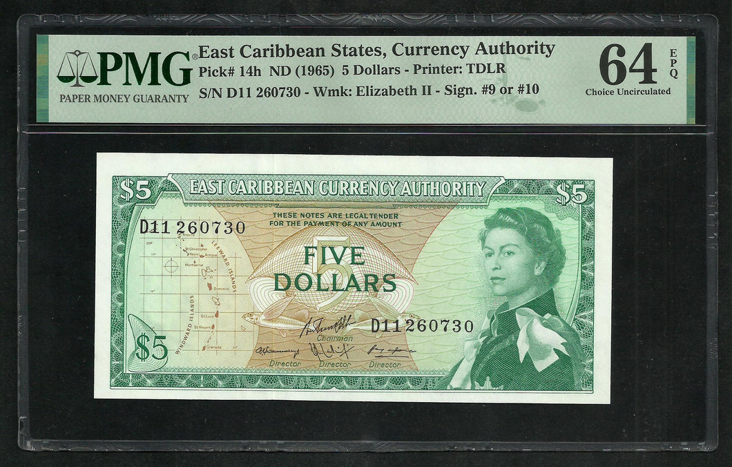 East Caribbean 5 Dollars 1965 ; PMG : Choice UNC 64 ; EPQ