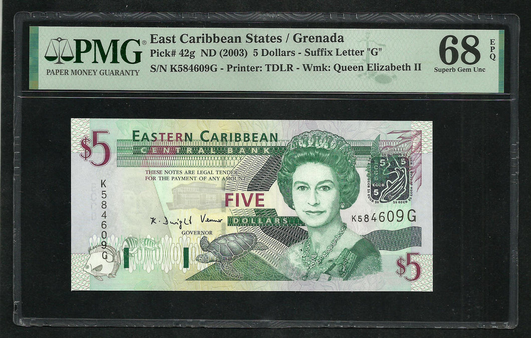 East Caribbean / Grenada : 5 Dollars 2003 P42g ; PMG : Superb Gem UNC 68 ; EPQ