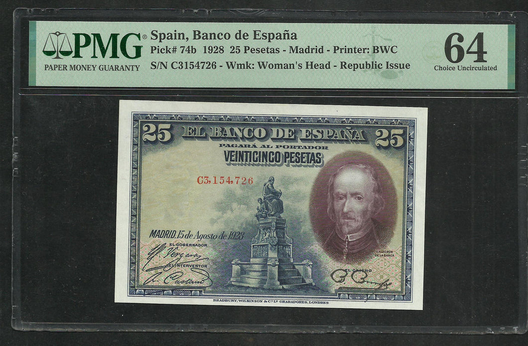 Spain : 25 Pesetas 1928 ; PMG : Choice UNC 64 (Ref 2339)