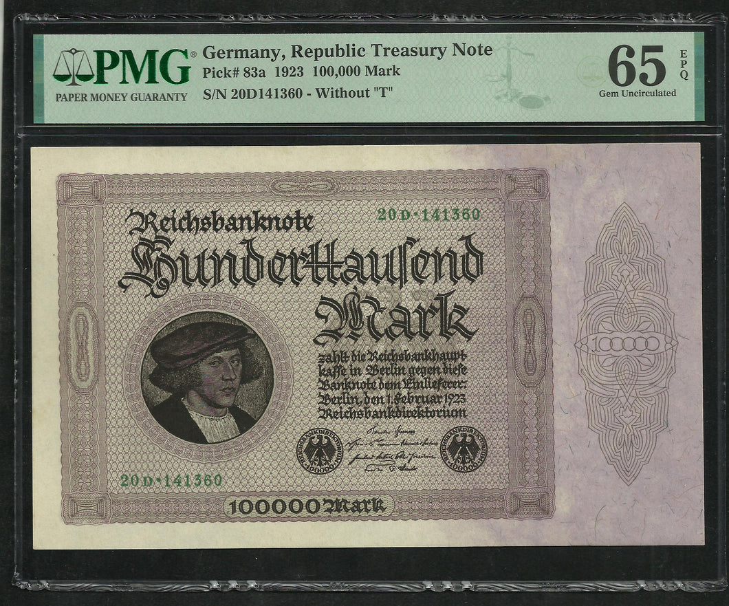 Germany : 100000 Mark 1923 ; PMG : Gem UNC 65 ; EPQ (Ref 151)